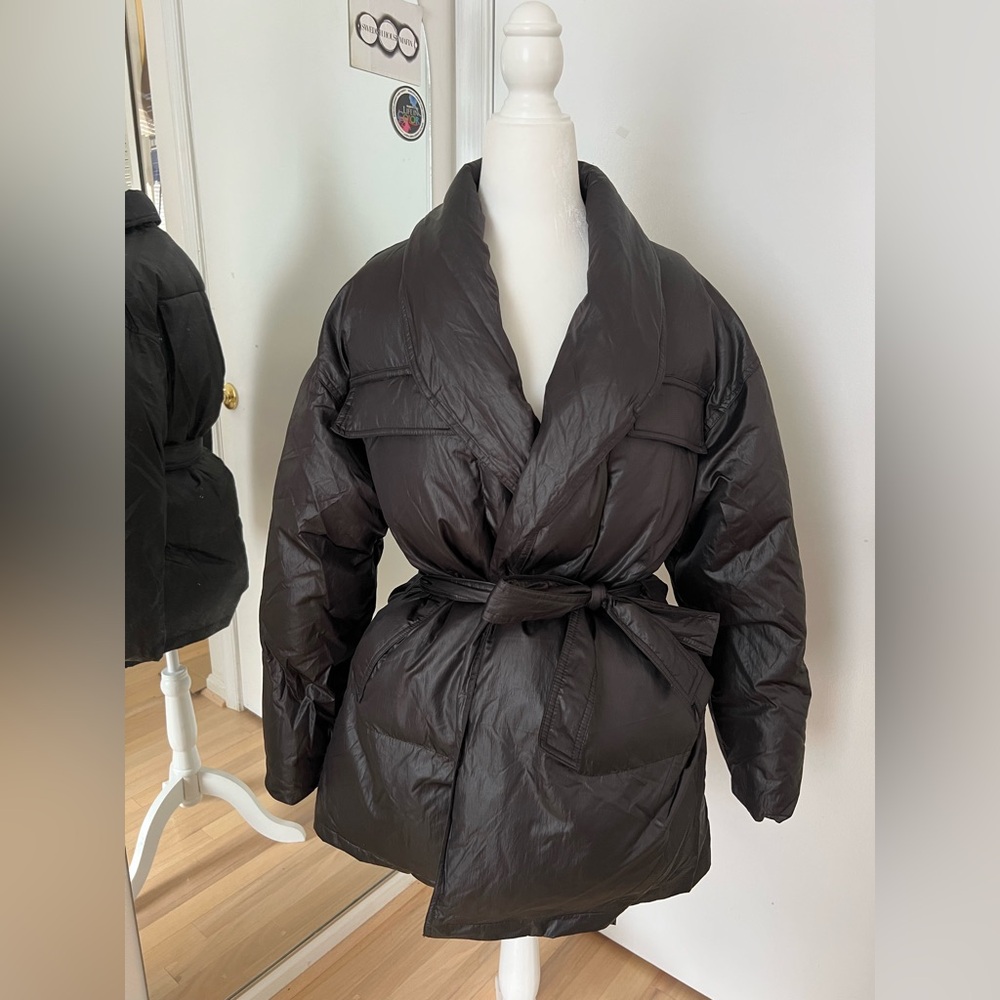 Boohoo Dark Puffer Jacket with Belt